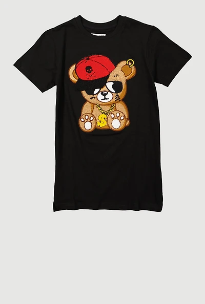 Boys Chenille Patch Teddy Graphic Tee, Black, Size S