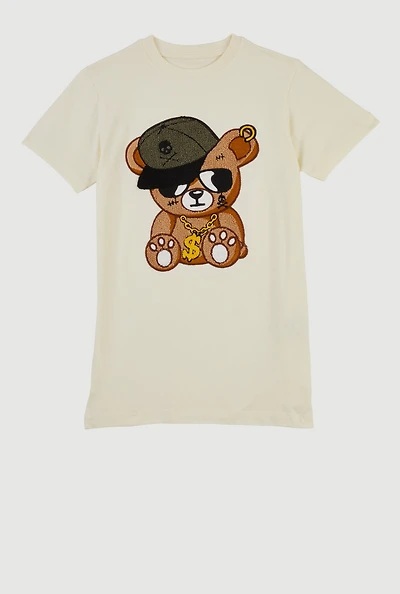 Boys Chenille Patch Bling Teddy Graphic Tee, Beige, Size S