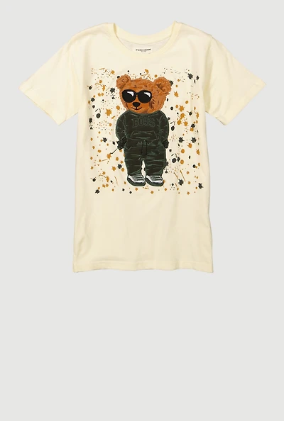 Boys Boss Bear Graphic Crew Neck T-Shirt, Beige, Size 14-16