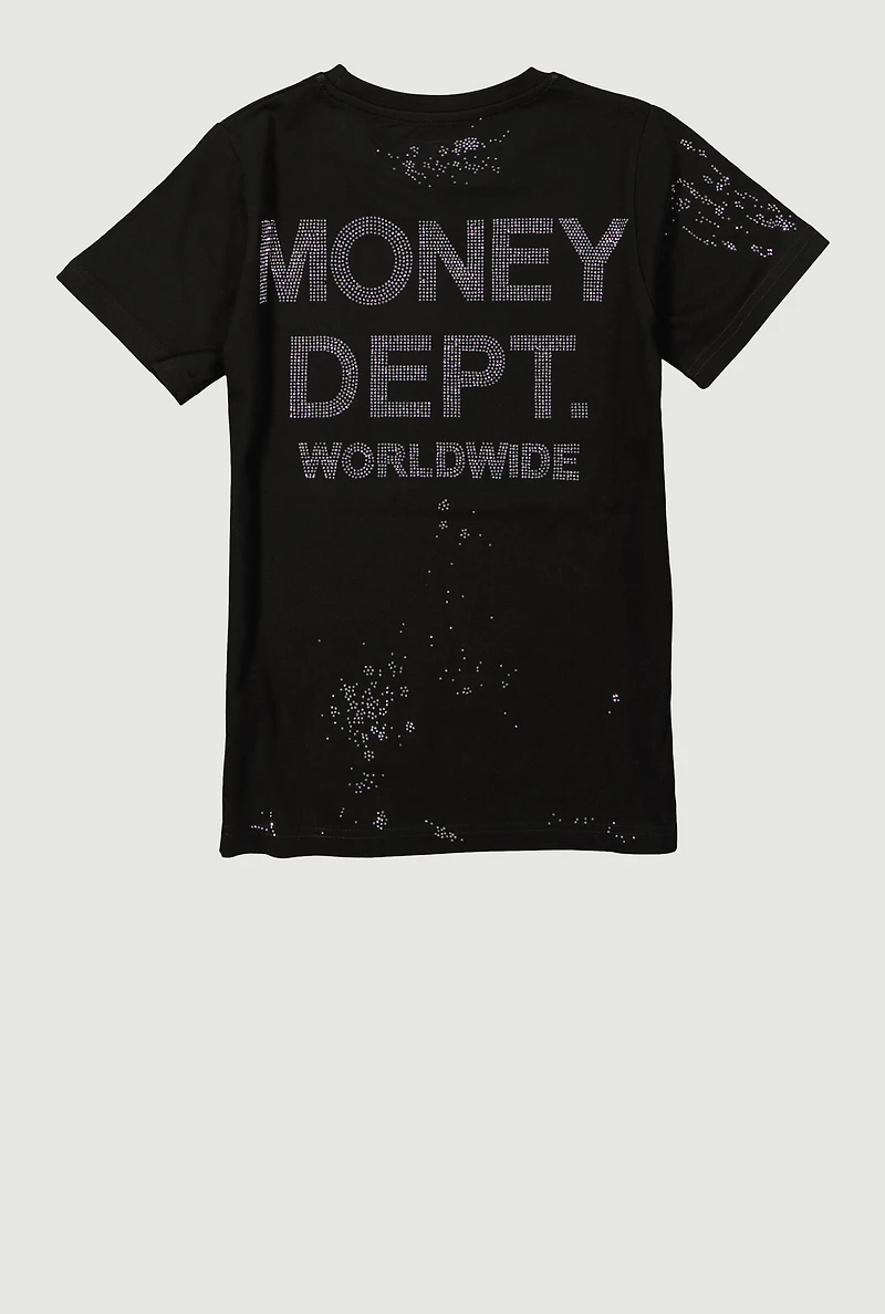 Boys Money Dept Worldwide Graphic Crew Neck T-Shirt, Black, Size 18-20
