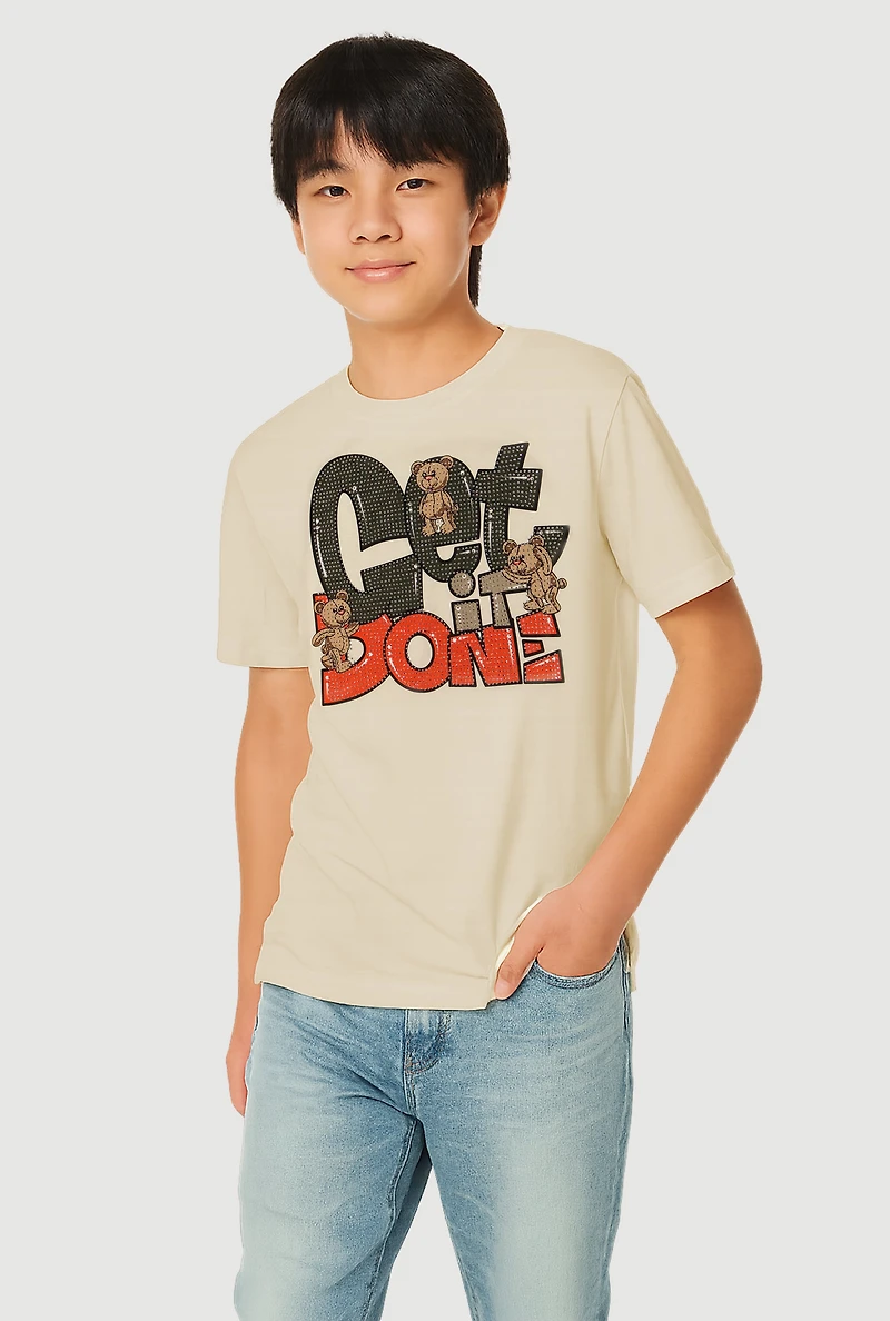 Boys Rhinestone Get It Done Teddy Graphic Tee, Beige, Size 10-12