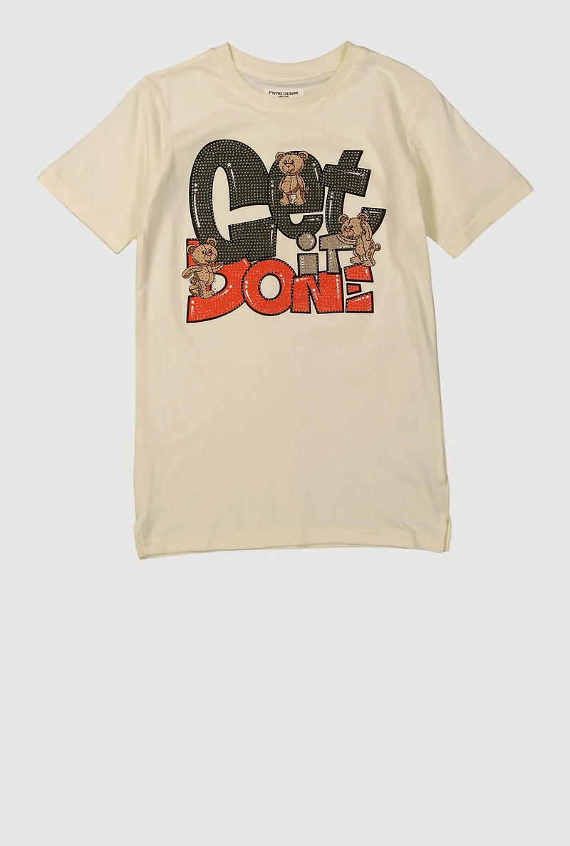 Boys Rhinestone Get It Done Teddy Graphic Tee, Beige, Size 10-12