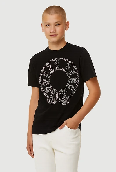 Boys Graphic Rhinestone Short Sleeve T-Shirt, Black, Size 18-20