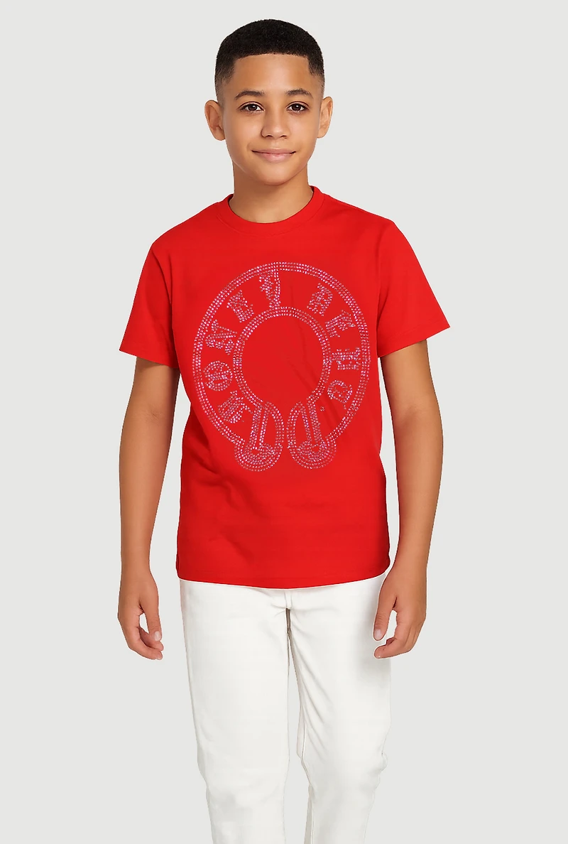 Boys Graphic Rhinestone Short Sleeve Tee, Red,