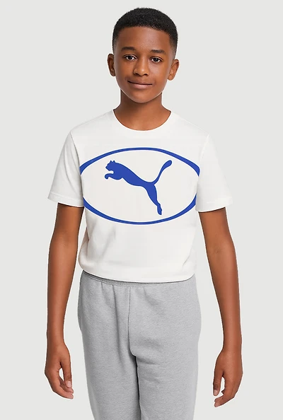 Boys Graphic Logo Crew Neck T-Shirt, White, Size S