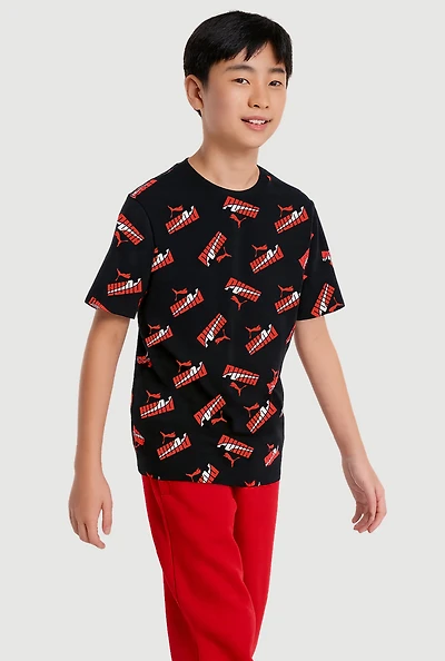 Boys All Over Logo Graphic Print Tee, Black, Size XL