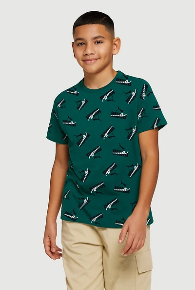 Boys Graphic Logo Print Short Sleeve Tee, Green, Size M