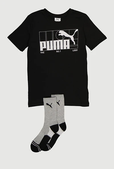Boys Puma The No 1 Logo Graphic Tee and Socks, Black, Size M