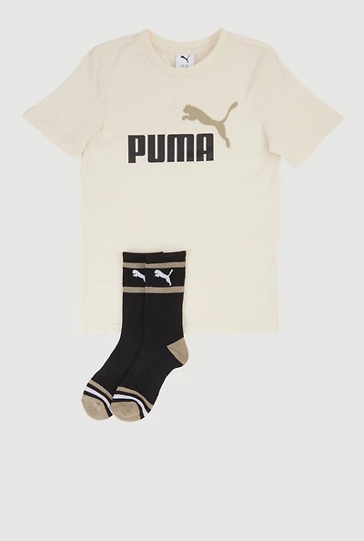 Boys Puma Logo Graphic Tee with Socks, Beige, Size 14-16