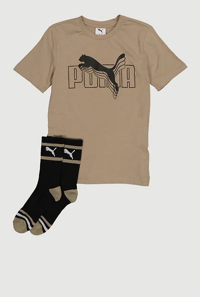 Boys Puma Logo Graphic Tee and Contrast Trim Socks