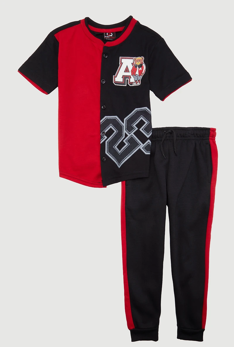 Little Boys Color Block Graphic Baseball Shirt and Joggers