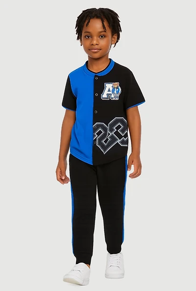 Little Boys Color Block Graphic Baseball Shirt and Joggers, Blue, Size 7