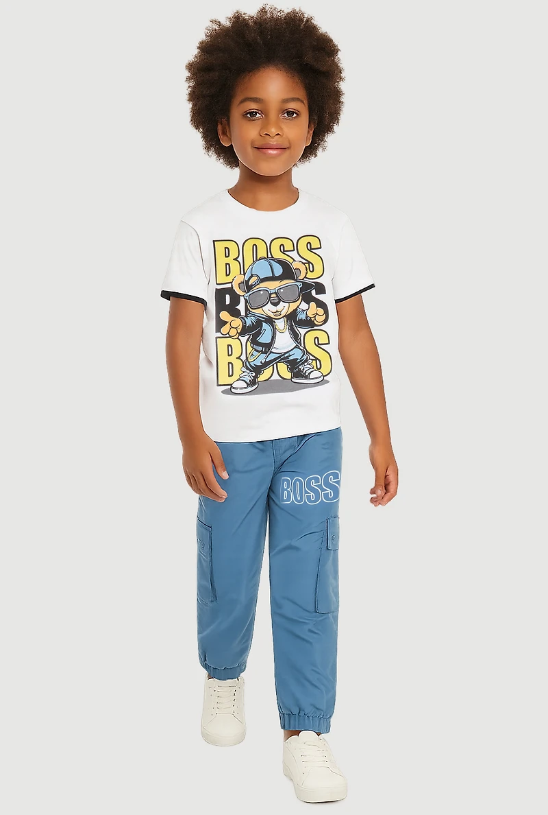 Little Boys Boss Graphic Tee and Cargo Joggers 2 Piece Set, Blue,