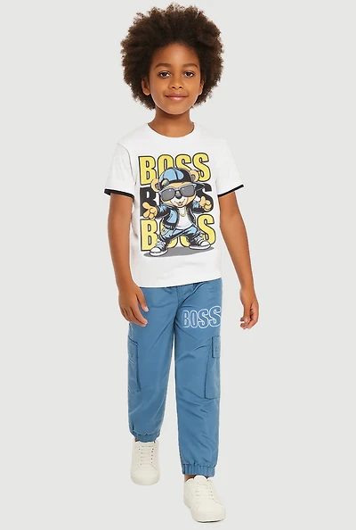 Little Boys Boss Graphic Tee and Cargo Joggers 2 Piece Set, Blue, Size 5-6