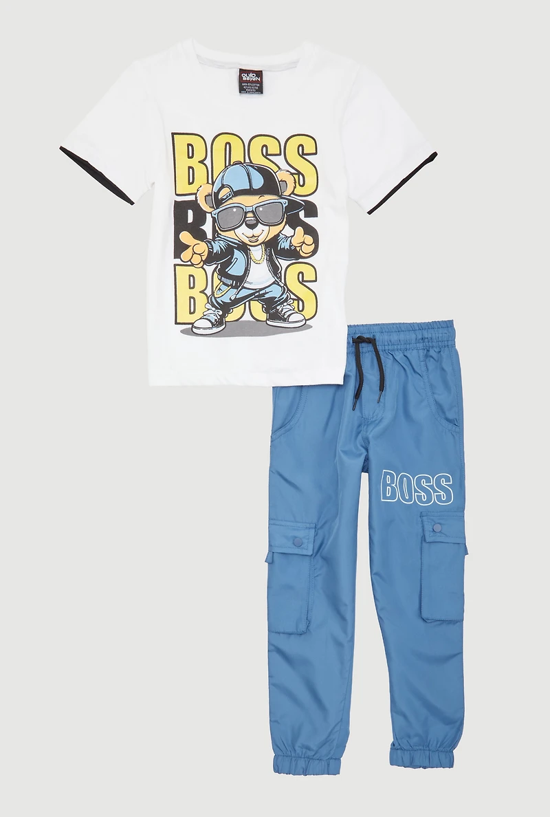 Little Boys Boss Graphic Tee and Cargo Joggers 2 Piece Set, Blue,