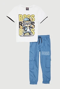 Little Boys Boss Graphic Tee and Cargo Joggers 2 Piece Set, Blue,