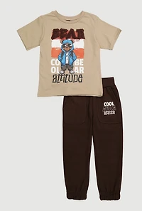 Little Boys Cool Bear Attitude Graphic Tee and Sweatpants, Brown,