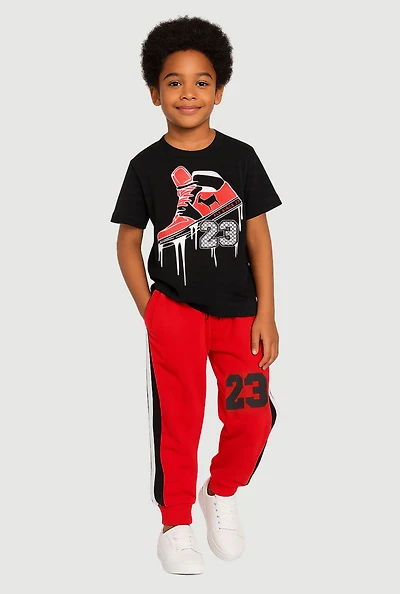 Little Boys 23 Goat Graphic Tee and Varsity Stripe Sweatpants, Red, Size 5-6