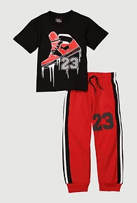 Little Boys 23 Goat Graphic Tee and Varsity Stripe Sweatpants, Red, Size 5-6