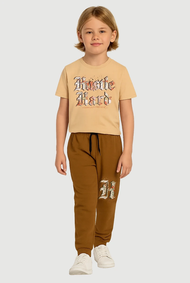 Little Boys Hustle Hard Graphic Tee and Drawstring Joggers, Brown, Size 5-6