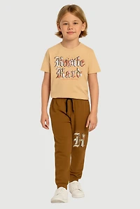 Little Boys Hustle Hard Graphic Tee and Drawstring Joggers, Brown, Size 5-6