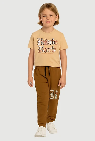 Little Boys Hustle Hard Graphic Tee and Drawstring Joggers, Brown, Size 4