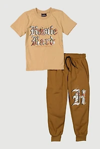 Little Boys Hustle Hard Graphic Tee and Drawstring Joggers, Brown, Size 5-6
