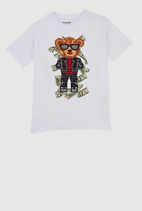 Little Boys Raining Money Bear Patch Graphic T-Shirt, White, Size 7