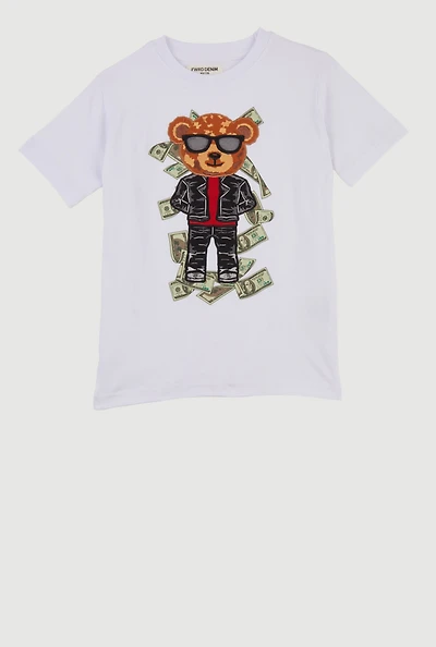 Little Boys Raining Money Bear Patch Graphic T-Shirt, White, Size 4