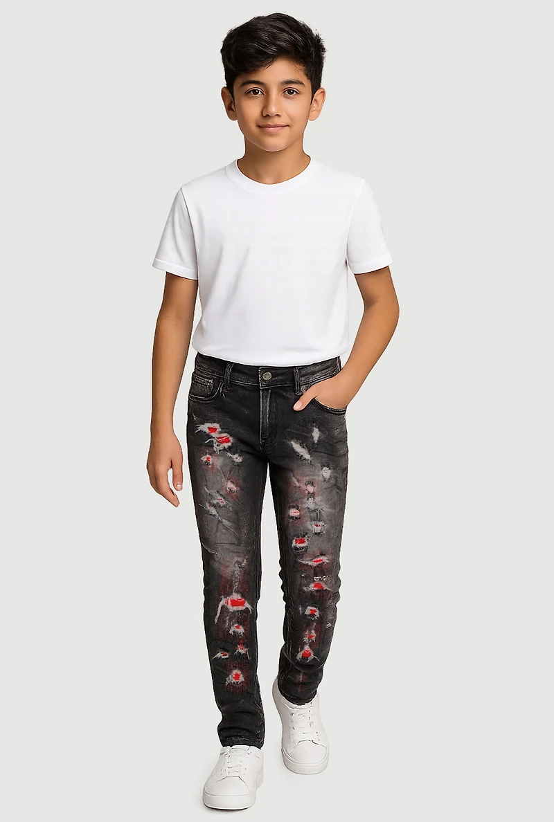 Little Boys Distressed Acid Wash Whiskered Jeans, Black, Size 5