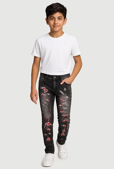 Little Boys Distressed Acid Wash Whiskered Jeans, Black, Size 5