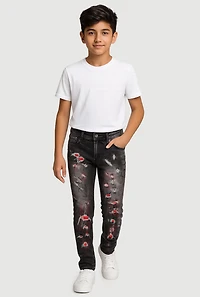 Little Boys Distressed Acid Wash Whiskered Jeans, Black, Size 5