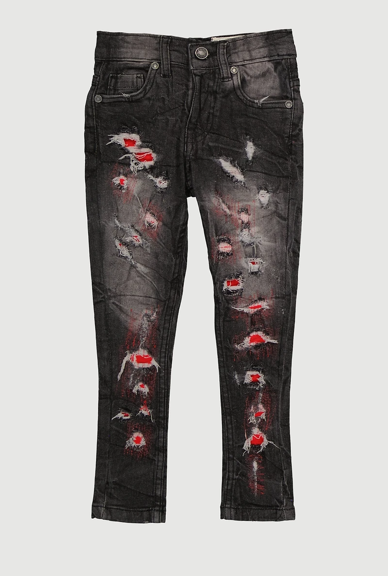Little Boys Distressed Acid Wash Whiskered Jeans, Black, Size 6