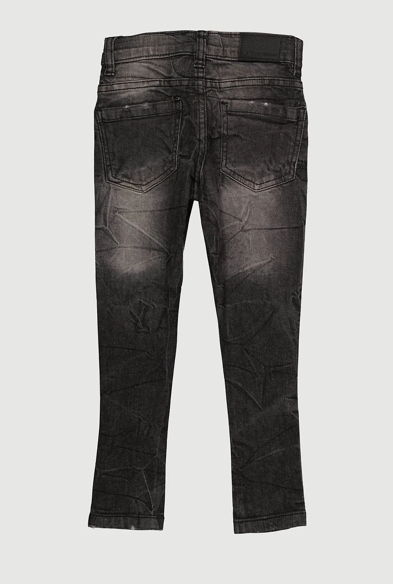 Little Boys Distressed Acid Wash Whiskered Jeans, Black, Size 6