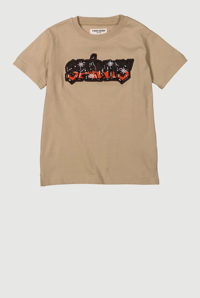 Little Boys Embroidered Saints Graphic Tee, Brown, Size 6