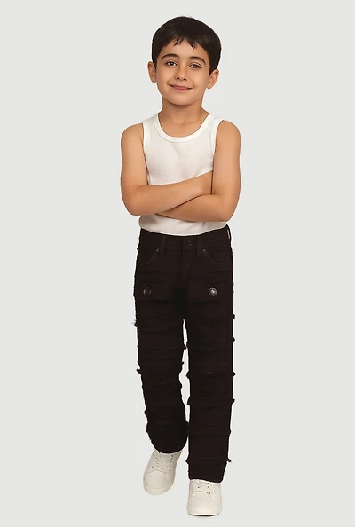 Little Boys Frayed Tiered Cargo Pocket Jeans, Brown, Size 7