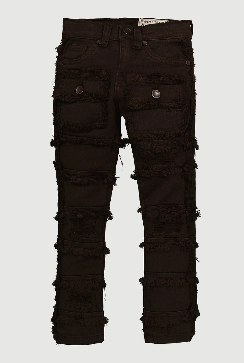 Little Boys Frayed Tiered Cargo Pocket Jeans, Brown, Size 7