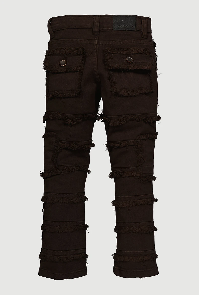 Little Boys Frayed Tiered Cargo Pocket Jeans, Brown, Size 4
