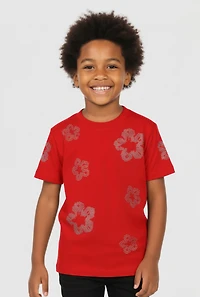 Little Boys Flower Rhinestone Crew Neck Short Sleeve Tee