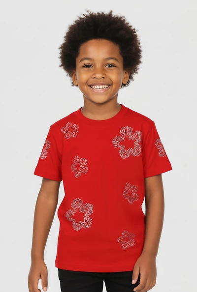 Little Boys Flower Rhinestone Crew Neck Short Sleeve Tee