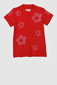 Little Boys Flower Rhinestone Crew Neck Short Sleeve Tee, Red,