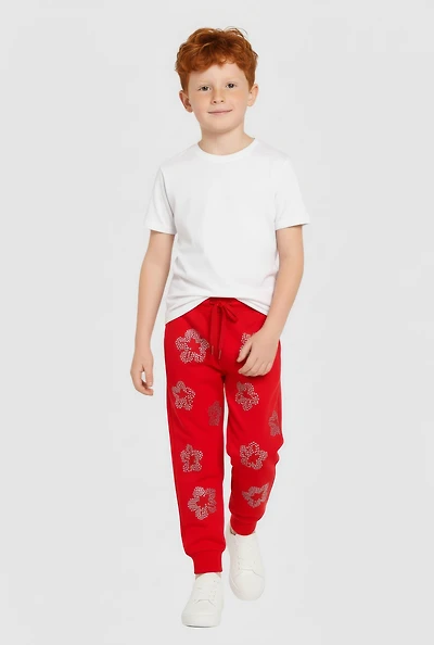 Little Boys Rhinestone Floral Joggers, Red, Size 5