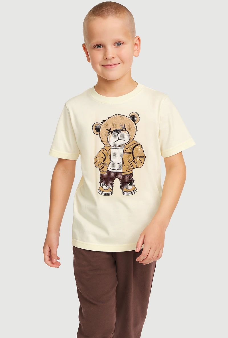Little Boys Bear Graphic Rhinestone Short Sleeve Tee, Beige, Size 7