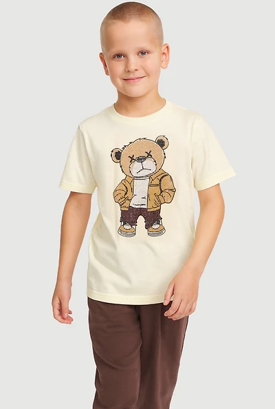 Little Boys Bear Graphic Rhinestone Short Sleeve Tee, Beige,