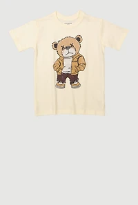 Little Boys Bear Graphic Rhinestone Short Sleeve Tee, Beige, Size 7