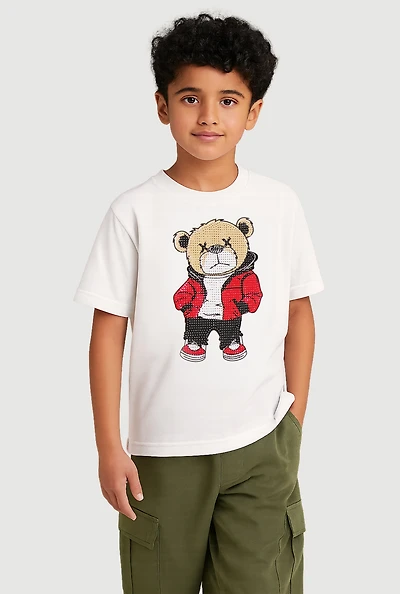 Little Boys Rhinestone Bear Graphic T-Shirt, White, Size 6