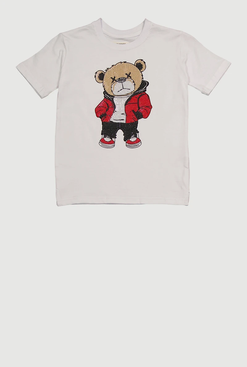 Little Boys Rhinestone Bear Graphic T-Shirt, White, Size 5
