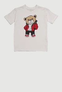 Little Boys Rhinestone Bear Graphic T-Shirt, White, Size 5
