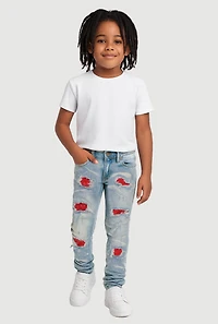 Little Boys Rhinestone Detail Patch and Repair Distressed Jeans, Blue, Size 5