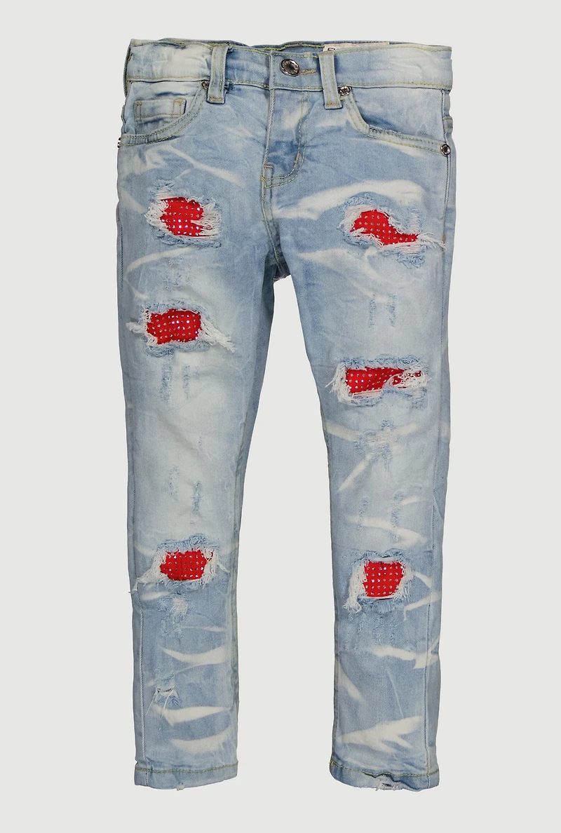 Little Boys Rhinestone Detail Patch and Repair Distressed Jeans, Blue, Size 5